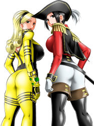 Rule 34 | 2girls, alternate costume, ass, black hair, blonde hair, bodysuit, breasts, dual persona, hairband, hat, large breasts, lien neville, lips, mokkouyou bond, multiple girls, simple background, snk, tagme, the king of fighters, white background