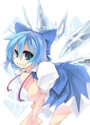 Rule 34 | 1girl, bad id, bad pixiv id, blue eyes, blue hair, breasts, cirno, grin, hair ribbon, ice, ice wings, large breasts, matching hair/eyes, ribbon, short hair, smile, solo, toono yayoi, touhou, wings