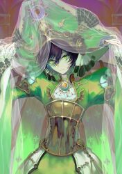 Rule 34 | 1girl, absurdres, androgynous, armor, black hair, brooch, closed mouth, cowboy shot, frills, green eyes, green hat, green theme, hair over eyes, hands up, hat, hat ornament, head tilt, highres, jewelry, juliet sleeves, large hat, long sleeves, looking at viewer, nianshoufa, puffy sleeves, see-through, seth nightroad, short hair, smile, solo, trinity blood, veil, veil lift, wide sleeves