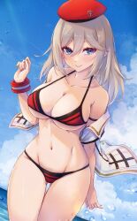 Rule 34 | 1girl, beret, bikini, blue eyes, breasts, coat, coat partially removed, hat, highres, large breasts, smile, swimsuit, tagme, waa! okami, white hair, wristband