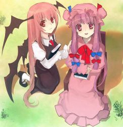 Rule 34 | 2girls, bad id, bad pixiv id, bat wings, blush, book, chain, chirosuke, embodiment of scarlet devil, female focus, from above, grass, head wings, kneeling, koakuma, long hair, mary janes, multiple girls, open mouth, pantyhose, patchouli knowledge, shoes, sitting, smile, touhou, white pantyhose, wings