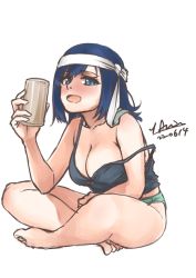 Rule 34 | 1girl, alternate hairstyle, arimura yuu, beer can, black camisole, blue eyes, blue hair, breasts, camisole, can, cleavage, commentary request, drink can, drunk, full body, green panties, hair down, headband, highres, indian style, kantai collection, large breasts, one-hour drawing challenge, panties, simple background, sitting, solo, souryuu (kancolle), strap slip, underwear, white background