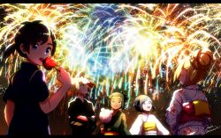 Rule 34 | 2girls, 3boys, ahoge, alternate costume, alternate hairstyle, artist name, black hair, black kimono, blonde hair, blue eyes, blush, braid, candy apple, cotton candy, creatures (company), crossed arms, dark-skinned male, dark skin, eating, elio (pokemon), fireworks, food, food on face, french braid, from behind, game freak, gen 1 pokemon, gen 2 pokemon, gladion (pokemon), goldeen, green eyes, green hair, green kimono, hair bun, hair tie, hand up, hau (pokemon), heracross, highres, holding, japanese clothes, kimono, letterboxed, licking, light blush, lillie (pokemon), long sleeves, looking at viewer, looking back, looking up, matching hair/eyes, miu (miuuu 721), multiple boys, multiple girls, nintendo, obi, open mouth, pokemon, pokemon (creature), pokemon sm, profile, sash, selene (pokemon), short sleeves, signature, single hair bun, smile, standing, swept bangs, teeth, tongue, tongue out, twitter username, upper body, white kimono, yanma