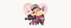 Rule 34 | 1boy, armor, bad id, bad twitter id, beard, blonde hair, chibi, eyepatch, closed eyes, facial hair, full body, gloves, heart, hug, hug from behind, male focus, overwatch, overwatch 1, simple background, solo, sparkle, star (symbol), tinysnails, torbjorn (overwatch), turret, valentine, welding mask, white background
