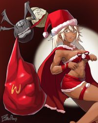 Rule 34 | 1girl, 2others, abs, alternate costume, barefoot, breasts, cape, christmas, cleavage, commentary, dark-skinned female, dark skin, english commentary, guilty gear, guilty gear strive, hat, highres, long hair, lucifero (guilty gear), medium breasts, miniskirt, multiple others, orange eyes, paw pose, platinum blonde hair, poopman, ramlethal valentine, red cape, red headwear, red ribbon, red skirt, ribbon, sack, santa costume, santa hat, sharp teeth, skirt, strapless, sweat, nervous sweating, teeth, thigh strap, toned, tube top, underboob