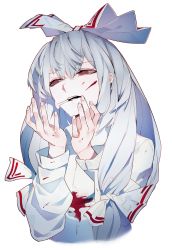 Rule 34 | 1girl, blood, blood on clothes, blood on face, cigarette, fingernails, fujiwara no mokou, grey hair, hair between eyes, highres, ikurauni, long hair, open mouth, red eyes, simple background, smoking, solo, teeth, touhou, upper body, upper teeth only, white background