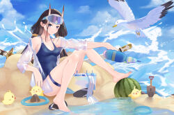 &gt;_&lt; 123456789xxxx 1girl azur_lane blue-tinted_eyewear blue_one-piece_swimsuit breasts cleavage competition_school_swimsuit food fruit full_body goggles goggles_on_head gradient_horns hair_ornament hair_scrunchie highres holding holding_water_gun horns long_hair looking_at_viewer manjuu_(azur_lane) medium_breasts multicolored_horns noshiro_(azur_lane) noshiro_(unwinding_in_the_sunshine)_(azur_lane) official_alternate_costume one-piece_swimsuit planted planted_shovel purple_eyes school_swimsuit scrunchie sheath sheathed shovel solo swimsuit thigh_strap tinted_eyewear water water_gun watermelon waves