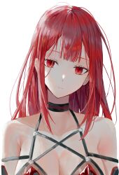 Rule 34 | 1girl, absurdres, bare shoulders, breasts, cleavage, closed mouth, collarbone, commentary request, crimson avenger (elsword), detached sleeves, dress, elesis (elsword), elsword, expressionless, head tilt, highres, kaze 22, long hair, looking at viewer, medium breasts, red dress, red eyes, red hair, simple background, slit pupils, solo, straight hair, very long hair, white background