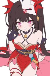 Rule 34 | 1girl, bare shoulders, bell, black choker, black hair, blush, breasts, choker, cleavage, closed mouth, collarbone, commentary, detached sleeves, dress, facial mark, fox mask, from above, hair bell, hair ornament, highres, hitsukuya, honkai: star rail, honkai (series), jingle bell, looking at viewer, looking up, mask, mask on head, medium breasts, neck bell, obi, purple eyes, red dress, red sleeves, sash, short sleeves, simple background, smile, solo, sparkle (honkai: star rail), symbol-only commentary, twintails, white background