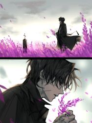 Rule 34 | 1boy, absurdres, black pants, brown coat, brown hair, chanil (muexlku), coat, collared shirt, field, flower, flower field, heathcliff (project moon), highres, holding, holding flower, limbus company, long sleeves, pants, parted lips, project moon, purple flower, scar, scar on face, shirt, tombstone, white shirt