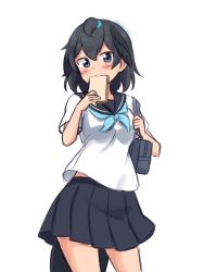 Rule 34 | 1girl, absurdres, alternate costume, bag, black eyes, black hair, black skirt, blush, bread slice, commentary, cowboy shot, eating, food, food in mouth, head wings, highres, holding strap, kemono friends, looking at viewer, mouth hold, pleated skirt, school uniform, serafuku, shiraha maru, short hair, short sleeves, simple background, skirt, solo, superb bird-of-paradise (kemono friends), tail, toast, toast in mouth, twitter username, white background, wings