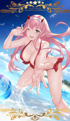 Rule 34 | 10s, 1girl, ;d, ball, beach, beachball, bikini, blue sky, blush, breasts, character name, cleavage, cloud, copyright name, darling in the franxx, day, green eyes, hairband, highres, horns, long hair, looking at viewer, medium breasts, one eye closed, open mouth, panties, patreon username, pixiv id, red bikini, side-tie panties, sky, smile, solo, standing, swimsuit, underwear, white hairband, yijian ma, zero two (darling in the franxx)