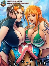 Rule 34 | 2girls, bikini, bikini top only, black hair, blue eyes, breasts, brown eyes, cleavage, crown, denim, earrings, happy, hat, highres, holding, jeans, jewelry, large breasts, leather vest, long hair, multiple girls, nami (one piece), navel, nico robin, one piece, pants, smile, stomach, swimsuit, tony tony chopper