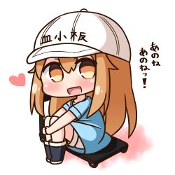 Rule 34 | 10s, 1girl, :d, black footwear, blue shirt, blush, boots, brown eyes, character name, chibi, clothes writing, commentary request, flat cap, full body, grey shorts, hair between eyes, hana kazari, hat, hataraku saibou, head tilt, heart, light brown hair, long hair, looking at viewer, open mouth, platelet (hataraku saibou), shirt, short shorts, short sleeves, shorts, sitting, smile, solo, translation request, very long hair, white hat