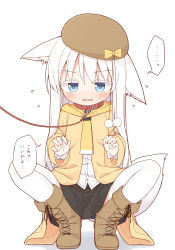Rule 34 | ..., 1girl, animal ear fluff, animal ears, ayanepuna, beret, black ribbon, black skirt, blue eyes, blue one-piece swimsuit, blush, boots, bow, brown footwear, brown hat, brown robe, collar, collared shirt, colored eyelashes, commentary request, cross-laced footwear, flying sweatdrops, full body, hands up, hat, hat bow, lace-up boots, leash, long hair, long sleeves, neck ribbon, one-piece swimsuit, original, parted lips, pleated skirt, red collar, ribbon, robe, shadow, shio (ayanepuna), shirt, simple background, skirt, solo, spoken ellipsis, squatting, sweat, swimsuit, swimsuit under clothes, tail, thighhighs, thighhighs under boots, translation request, very long hair, wavy mouth, white background, white hair, white shirt, white thighhighs, wide sleeves, yellow bow