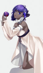 Rule 34 | 1girl, absurdres, apple, bare shoulders, dark-skinned female, dark skin, dress, fate/grand order, fate (series), food, fruit, grey background, hair ornament, hairpin, hassan of serenity (fate), hassan of serenity (lostroom outfit) (fate), highres, looking at viewer, lostroom outfit (fate), missholmes, official alternate costume, open clothes, open dress, pink dress, purple eyes, purple hair, ribbon, short hair, smile, solo, strapless, strapless dress, thighs
