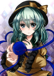 Rule 34 | 1girl, argyle, argyle background, argyle clothes, bad id, bad pixiv id, bow, checkered background, female focus, frown, green eyes, green hair, hat, heart, heart of string, komeiji koishi, lace, matching hair/eyes, ribbon, shromann, solo, touhou, upper body