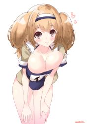 Rule 34 | 1girl, absurdres, blue one-piece swimsuit, breasts, brown eyes, brown jacket, cleavage, commentary request, hair between eyes, hairband, heart, highres, i-26 (kancolle), jacket, kantai collection, large breasts, legs together, light brown hair, long hair, looking at viewer, momimaki, name tag, new school swimsuit, one-piece swimsuit, open clothes, parted bangs, school swimsuit, short sleeves, simple background, solo, spoken heart, swimsuit, swimsuit under clothes, thighs, two-tone hairband, two side up, white background