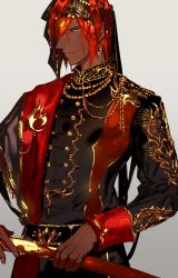 Rule 34 | 1boy, ashwatthama (fate), closed mouth, commentary request, dark-skinned male, dark skin, fate/grand order, fate (series), highres, holding, long hair, looking at viewer, male focus, muscular, muscular male, red hair, semi finalfight, solo, weapon, yellow eyes