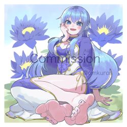 Rule 34 | 1girl, arm support, barefoot, blue dress, blue eyes, blue flower, blue hair, blue lotus (flower knight girl), blue nails, blue sky, blush, breasts, cleavage, commission, day, dress, feet, flower, flower knight girl, foot focus, foreshortening, full body, gold trim, grass, hair between eyes, hand up, highres, indoors, large breasts, legs, long hair, long sleeves, looking at viewer, mole, mole under eye, nail polish, omkuros, on ground, open mouth, outdoors, shiny skin, side slit, sitting, skeb commission, sky, soles, solo, spread toes, thighs, toenail polish, toenails, toes, two-tone dress, white dress