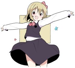 Rule 34 | 1girl, ascot, black skirt, black vest, blonde hair, blush, commentary request, cowboy shot, cropped legs, fang, hair ribbon, kt kkz, long sleeves, looking at viewer, open mouth, outstretched arms, red ascot, red eyes, red ribbon, ribbon, rumia, shirt, short hair, skirt, smile, solo, spread arms, star (symbol), touhou, vest, white background, white shirt