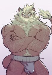 Rule 34 | 1boy, animal ears, aulus (mobile legends), bara, beard, beard over mouth, blonde hair, body fur, bulge, covered penis, cowboy shot, crossed arms, facial hair, fingernails, forked eyebrows, full beard, hairy, highres, huge eyebrows, large pectorals, leg hair, lion boy, lion ears, lion tail, looking at viewer, male focus, male underwear, mature male, mobile legends: bang bang, monster boy, muscular, muscular male, navel, nhstonk, nipples, pectorals, sharp fingernails, short hair, solo, tail, tail raised, thick arm hair, thick beard, thick chest hair, thick mustache, thick navel hair, thick thighs, thighs, topless male, underwear, very hairy, white male underwear
