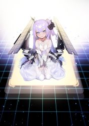 Rule 34 | 1girl, absurdres, azur lane, bad id, bad pixiv id, bare shoulders, blunt bangs, blush, breasts, closed mouth, criss-cross halter, detached sleeves, dress, fingernails, flight deck, halterneck, highres, long hair, looking at viewer, machinery, nail polish, no shoes, ohisashiburi, pantyhose, pink nails, purple eyes, purple hair, sitting, small breasts, smile, solo, stuffed animal, stuffed toy, stuffed unicorn, stuffed winged unicorn, unicorn (azur lane), v arms, very long hair, wariza, white dress, white pantyhose