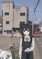 Rule 34 | 1girl, backpack, bag, black hair, blue sky, blunt bangs, building, city, closed mouth, collared shirt, commentary request, cowboy shot, day, dress, expressionless, graffiti, grey dress, hair ornament, hairclip, highres, jitome, light blush, long sleeves, looking to the side, medium hair, neck ribbon, original, outdoors, pinafore dress, power lines, red ribbon, ribbon, shirt, sidewalk, sky, sleeveless, sleeveless dress, solo, standing, straight-on, toyono saki, umbrella on arm, utility pole, white shirt