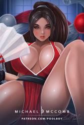 Rule 34 | 1girl, bare shoulders, black hair, breasts, cleavage, fatal fury, hand fan, large breasts, long hair, looking at viewer, pelvic curtain, ponytail, poolboy, shiranui mai, sitting, sleeveless, the king of fighters