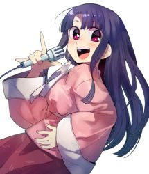 Rule 34 | 1girl, :d, anarogumaaa, black hair, blush, commentary request, cowboy shot, from side, hand up, holding, holding microphone, houraisan kaguya, long hair, long sleeves, looking at viewer, microphone, open mouth, pink eyes, sidelocks, simple background, smile, solo, touhou, white background