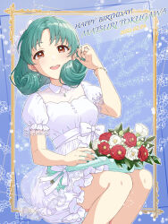 Rule 34 | 1girl, 2023, absurdres, blush, bouquet, bow, bracelet, breasts, brown eyes, buttons, camellia, character name, curly hair, dress, flower, frilled dress, frills, green hair, green nails, hair ornament, happy birthday, highres, holding, holding bouquet, idolmaster, idolmaster million live!, idolmaster million live! theater days, jewelry, looking at viewer, applying manicure, medium breasts, medium hair, nail polish, open mouth, parted bangs, pendant, puffy short sleeves, puffy sleeves, ribbon, see-through, see-through sleeves, shiro (ongrokm), short sleeves, sitting, smile, solo, tareme, tokugawa matsuri, white dress