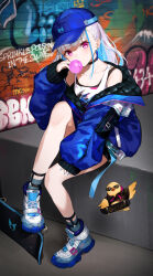 Rule 34 | 1girl, absurdres, baseball cap, black choker, blue hair, blue jacket, blush, chewing gum, choker, full body, gradient hair, graffiti, hat, highres, jacket, lize helesta, lize helesta (8th costume), long hair, long sleeves, looking at viewer, multicolored hair, nijisanji, off shoulder, open clothes, open jacket, ponytail, red eyes, rinderon0722, shirt, shoes, sitting, skateboard, sleeveless, sleeveless shirt, sleeves past wrists, sneakers, solo, virtual youtuber, white hair, white shirt