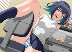 Rule 34 | 16bit sensation, 1girl, absurdres, akisato konoha, aqua eyes, artist name, black hair, black skirt, black socks, blush, breasts, cameltoe, chair, colored inner hair, commentary request, covered erect nipples, dutch angle, embarrassed, eyebrows hidden by hair, fang, foreshortening, grey eyes, hair between eyes, hair ribbon, head tilt, highres, indoors, knee up, kneehighs, looking at viewer, medium breasts, medium hair, miniskirt, multicolored hair, nose blush, off-shoulder shirt, off shoulder, office chair, on chair, open mouth, paid reward available, panties, panty peek, pleated skirt, ribbon, shirt, sirokohi, sitting, skirt, socks, solo, striped clothes, striped panties, sweat, swivel chair, underwear, white ribbon, white shirt, wide-eyed
