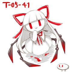 Rule 34 | 1girl, all-around helper, barefoot, blood, closed mouth, dress, hand up, highres, lobotomy corporation, long hair, neck ribbon, personification, project moon, red eyes, ribbon, simple background, smile, solo, very long hair, white background, white dress, yue doux