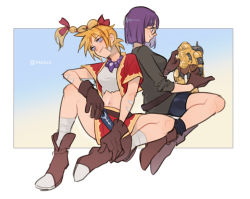 Rule 34 | 2girls, back-to-back, bandaged leg, bandages, bead necklace, beads, black shorts, blonde hair, blue eyes, blunt bangs, blunt ends, bob cut, body markings, boots, border, breasts, brown footwear, brown gloves, chrono cross, chrono trigger, crop top, cropped jacket, dagger, facial mark, full body, glasses, gloves, gradient background, grey shirt, hair ribbon, jacket, jewelry, kid (chrono cross), knife, long hair, long sleeves, looking at another, looking at viewer, lucca ashtear, medium breasts, meiji (pecosyr5), midriff, miniskirt, multi-tied hair, multiple girls, navel, necklace, purple hair, red jacket, red ribbon, red skirt, ribbon, robo (chrono trigger), shirt, short sleeves, shorts, sitting, skirt, sleeves rolled up, smile, twitter username, weapon, white shirt