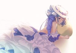 Rule 34 | 1girl, absurdres, arm strap, azur lane, backless dress, backless outfit, bare shoulders, bareback, blue bow, blue eyes, blue hair, bow, cheshire (azur lane), cheshire (the cat and the white steed) (azur lane), dress, evening gown, frilled dress, frills, from above, hair bow, hat, highres, layered dress, long hair, looking at viewer, lying, manjuu (azur lane), multicolored hair, natsuki (tyuiojl), official alternate costume, on side, purple hair, simple background, sleeveless, sleeveless dress, solo, streaked hair, sun hat, two-tone hair, white background, white dress, white hat