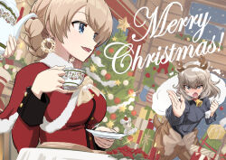 Rule 34 | 3girls, animal costume, antlers, bell, blonde hair, blue eyes, blush, boko (girls und panzer), book, bow, bowtie, candle, capelet, christmas, christmas ornaments, christmas tree, commentary, cup, cursive, darjeeling (girls und panzer), dress, dress shirt, earrings, ehirorotoon, english text, fake antlers, frown, fur-trimmed capelet, fur trim, gift, girls und panzer, grey hair, grey shirt, highres, holding, holding cup, holding sack, holding saucer, holding teapot, horns, indoors, itsumi erika, jacket, jewelry, kuromorimine school uniform, long sleeves, looking at another, medium hair, merry christmas, multiple girls, neck bell, night, open mouth, over shoulder, pinky out, red capelet, red dress, red jacket, reindeer antlers, reindeer costume, sack, santa dress, saucer, school uniform, shirt, short hair, sitting, smile, sparkle, st. gloriana&#039;s military uniform, star (symbol), table, teacup, teapot, wreath, yellow bow, yellow bowtie