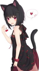 Rule 34 | 1girl, :d, amashiro natsuki, animal ears, bare arms, bare shoulders, black dress, black hair, blush, cat ears, cat girl, cat tail, cherry, cherry print, commentary request, dress, fang, food, food print, fruit, hair between eyes, hair ornament, hairclip, heart, highres, holding, holding food, open mouth, original, print dress, red eyes, red scrunchie, scrunchie, simple background, smile, solo, spoken heart, tail, tail raised, white background, wrist scrunchie, x hair ornament