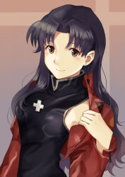 Rule 34 | 1girl, absurdres, alternate hair color, arm at side, armpits, black dress, black hair, breasts, brown eyes, closed mouth, commentary, cropped jacket, cross, cross necklace, dress, earrings, hair over shoulder, hair strand, highres, jacket, jewelry, katsuragi misato, long hair, long sleeves, looking at viewer, mandarin collar, medium breasts, nachosu, narrow waist, necklace, neon genesis evangelion, open clothes, open jacket, parted bangs, red jacket, sleeveless, sleeveless dress, smile, solo, standing, undressing, upper body