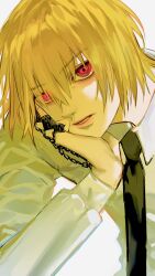 Rule 34 | 1boy, bishounen, black necktie, blonde hair, chain, collared shirt, hand on own face, highres, hunter x hunter, kurapika, long sleeves, looking at viewer, male focus, necktie, ood do0, open mouth, portrait, red eyes, shirt, simple background, solo, white background, white shirt