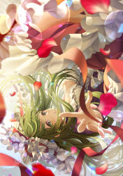 Rule 34 | 1girl, absurdres, bow, breasts, chromatic aberration, cleavage, exif rotation, floating hair, foreshortening, frills, green eyes, green hair, hair bow, hair ribbon, highres, kagiyama hina, large breasts, lens flare, light smile, long hair, looking at viewer, parted lips, reaching, reaching towards viewer, red ribbon, ribbon, solo, totomiya, touhou, very long hair