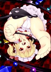 Rule 34 | 1girl, :d, ascot, ass, bare legs, barefoot, blonde hair, cameltoe, checkered background, fangs, fat mons, feet, female focus, flandre scarlet, foreshortening, hat, hat ribbon, highres, laevatein, natsuki mitsu, open mouth, outstretched arm, outstretched hand, panties, pantyshot, red eyes, ribbon, short hair, side ponytail, skirt, skirt set, smile, soles, solo, toes, touhou, underwear, upside-down, upskirt, white panties, wings