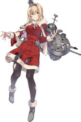 Rule 34 | 1girl, blonde hair, blue eyes, braid, breasts, capelet, christmas, crown, dress, flower, french braid, frown, full body, fur trim, hair between eyes, hairband, kantai collection, konishi (koconatu), large breasts, long hair, long sleeves, mini crown, pantyhose, red capelet, red dress, red flower, red rose, rose, solo, torn clothes, torn pantyhose, warspite (kancolle)