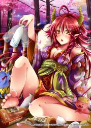 Rule 34 | 1girl, ahoge, barefoot, blush, bottle, breasts, cleavage, collarbone, company name, feet, holding, holding bottle, horns, large breasts, long hair, open mouth, petals, picpicgram, pointy ears, red hair, shinkai no valkyrie, sitting, soles, solo, toes, yellow eyes