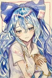 Rule 34 | 1girl, blue bow, blue eyes, blue hair, bow, bowl, bracelet, closed mouth, grey hoodie, hair between eyes, hair bow, highres, holding, holding bowl, hood, hood down, hoodie, jewelry, long hair, looking at viewer, navybluesparrow, ofuda, ofuda on clothes, painting (medium), short sleeves, solo, touhou, traditional media, upper body, watercolor (medium), yorigami shion