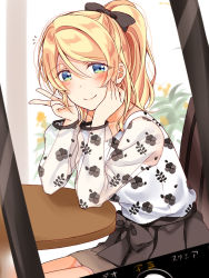 Rule 34 | 1girl, ayase eli, black bow, black skirt, blonde hair, blouse, blue eyes, blush, bow, cellphone, collarbone, elbows on table, hair between eyes, hair bow, hands on own cheeks, hands on own face, head rest, long sleeves, looking at viewer, love live!, love live! school idol project, mogu (au1127), notice lines, phone, fake phone screenshot, ponytail, see-through, see-through sleeves, shirt, sidelocks, sitting, skirt, smartphone, smile, solo, table, w, white shirt