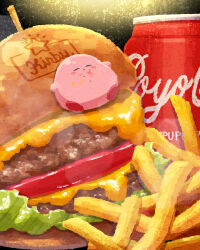 Rule 34 | blush stickers, burger, cheese, closed eyes, closed mouth, coca-cola, food, food focus, food on face, french fries, highres, kirby, kirby (series), lettuce, meat, miclot, nintendo, no humans, pink footwear, shoes, sleeping, tomato, toothpick