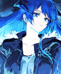 Rule 34 | 1girl, arknights, black coat, blue eyes, blue hair, blue theme, coat, collarbone, commentary, demon horns, fur-trimmed coat, fur trim, highres, horns, long hair, looking at viewer, mostima (arknights), na tarapisu153, open clothes, open coat, parted lips, shirt, solo, upper body, white shirt