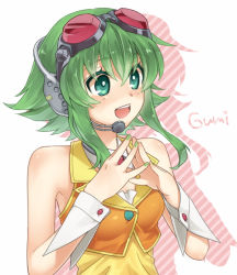Rule 34 | 1girl, :d, bad id, bad pixiv id, bare shoulders, character name, chroma000, chroma (chroma000), fingers together, goggles, goggles on head, green eyes, green hair, gumi, headphones, matching hair/eyes, open mouth, red-tinted eyewear, short hair, short hair with long locks, smile, solo, steepled fingers, tinted eyewear, vocaloid