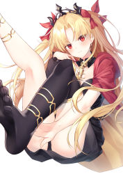 Rule 34 | 1girl, absurdres, asymmetrical legwear, asymmetrical sleeves, bad id, bad pixiv id, between breasts, black thighhighs, blonde hair, blush, bow, breasts, cape, covering crotch, covering privates, detached collar, dress, earrings, ereshkigal (fate), fate/grand order, fate (series), feet, hair bow, highres, hoop earrings, infinity symbol, jewelry, kina, leaning back, legs up, long hair, long sleeves, looking at viewer, medium breasts, multicolored cape, multicolored clothes, necklace, parted bangs, red bow, red cape, red dress, red eyes, short dress, simple background, single sleeve, single thighhigh, sitting, skull, solo, spine, thighhighs, tiara, two side up, uneven legwear, uneven sleeves, white background, yellow cape